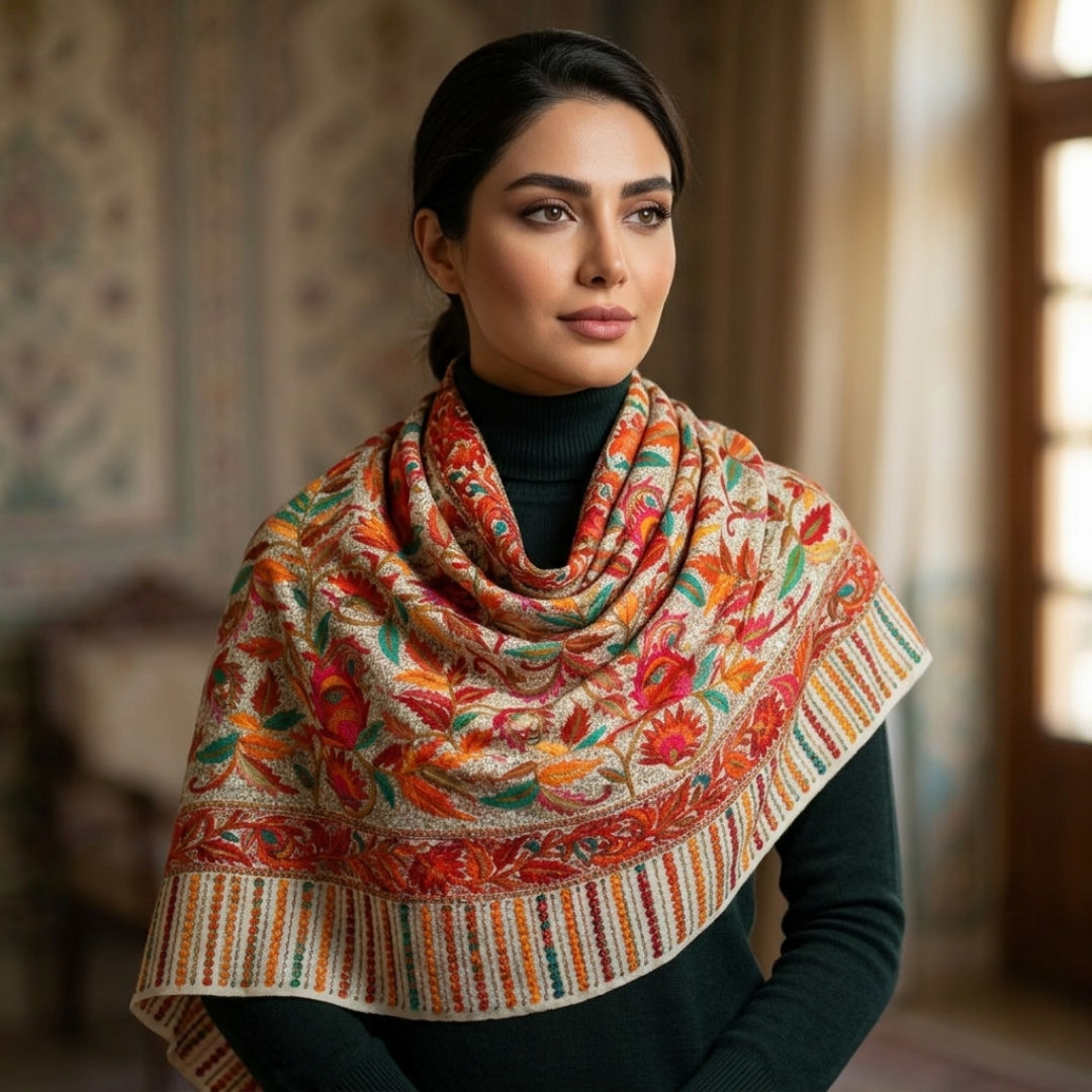 Exquisite Shawl With All-Over Silk Embroidery